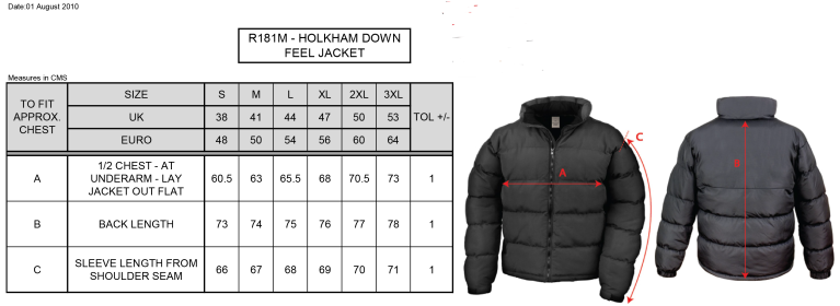 Finchfield Hockey Club Men's Puffer Jacket - Size Guide