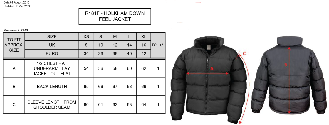 Finchfield Hockey Club Women's Puffer Jacket - Size Guide
