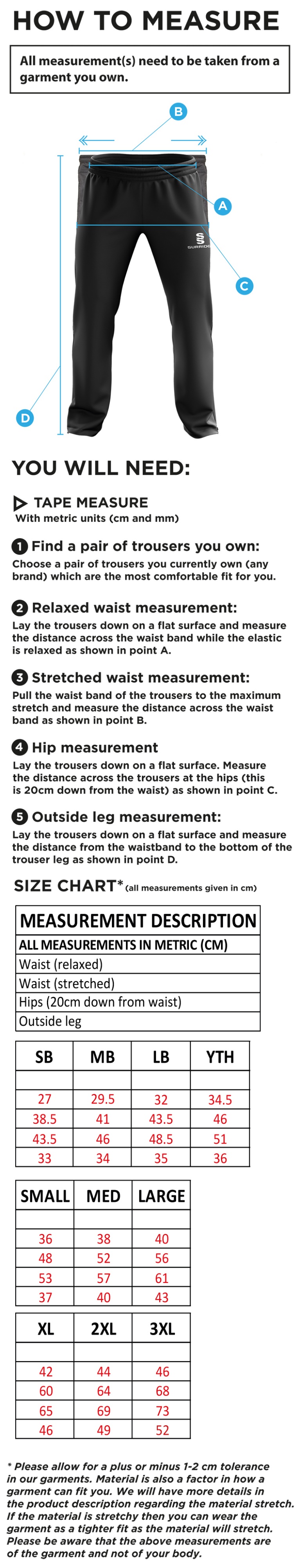 FINCHFIELD HOCKEY CLUB TRACK PANT - Size Guide