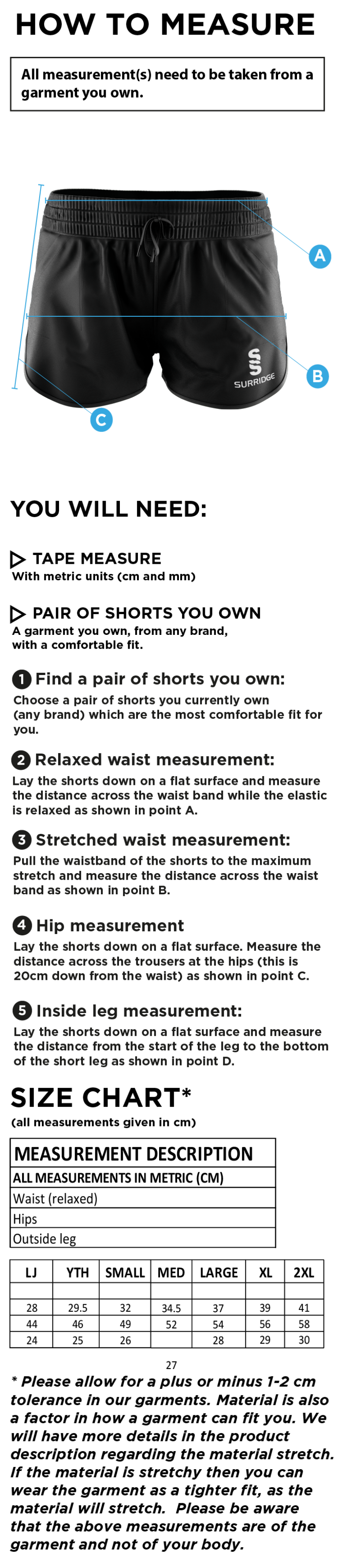Finchfield Hockey Club Dual Activate Shorts - Size Guide