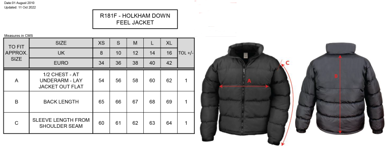 Finchfield Hockey Club Women's Puffer Jacket - Size Guide